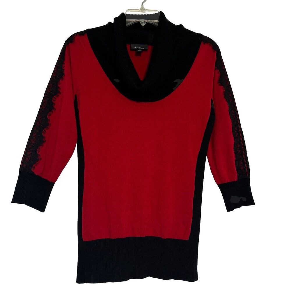knit Top Blouse Mock Neck Women’s Sz L Red Black Two Tone Lace Trim by Amy Wear